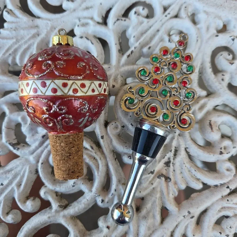 Christmas Wine Bottle Stoppers Set Ornament Cork Rhinestone Tree Holiday